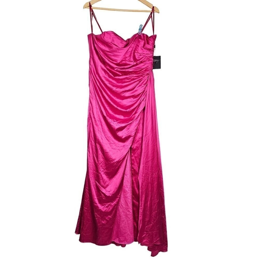 Mac Duggal Ieena Strapless Ruche Satin Classic Gown‎ Hi-Slit Pink Women 12 NWT*